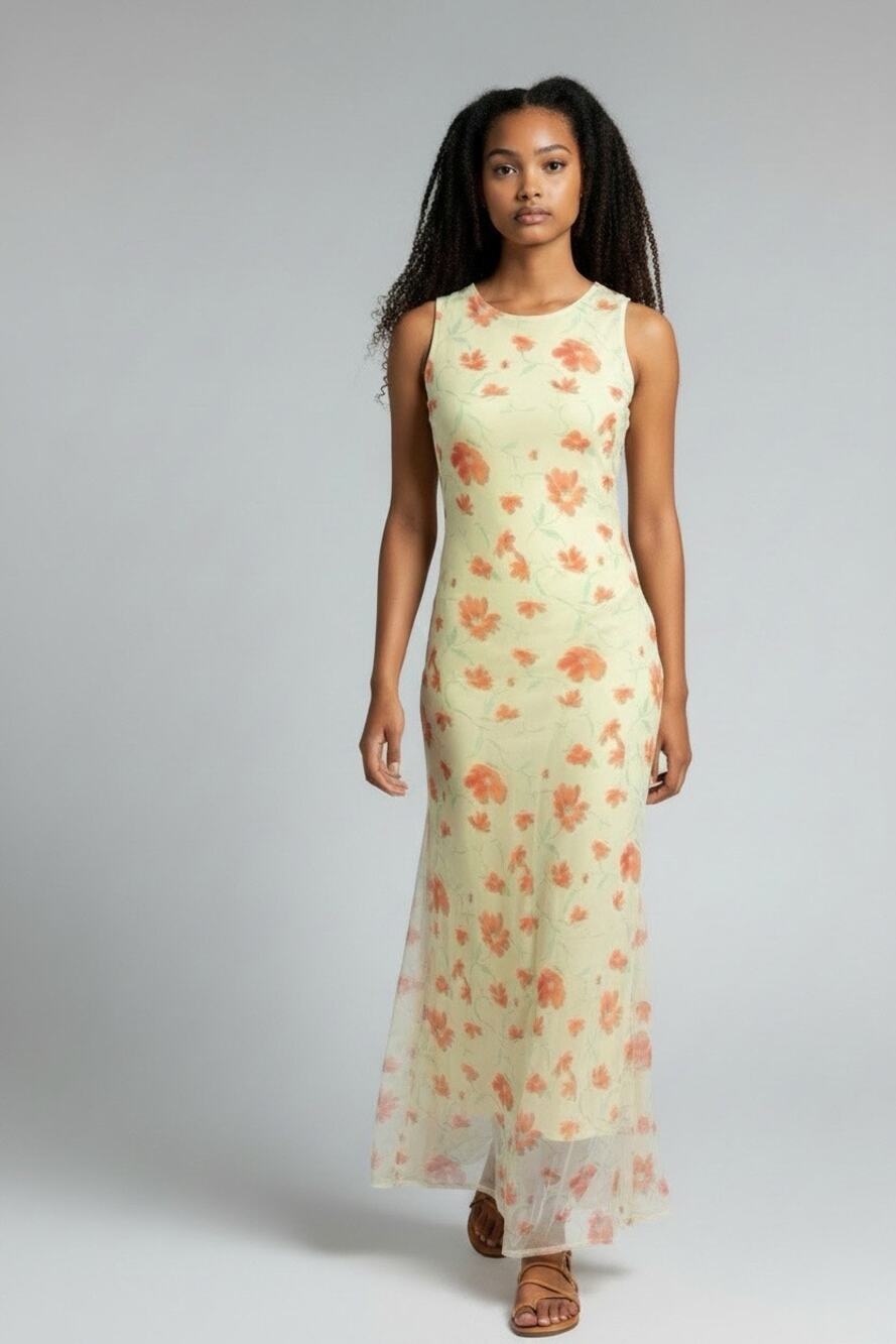 VTG 90s Y2K My Michelle Maxi Butter Yellow Floral Chiffon Overlay Fairycore 5/6